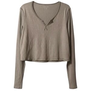 American Eagle Top Brown Striped Henley Cropped Cozy Minimalist, Soft Girl XXL